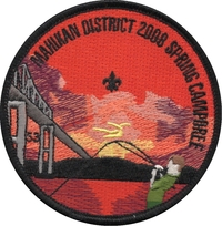 A patch of a person in a green shirt fishing in front of the Hudson River with a sunset in the background.  The Castleton Bridge is on the left, and the number 53 is between its pillars.  There is text around the outside that reads: Mahikan District 2008 Spring Camporee