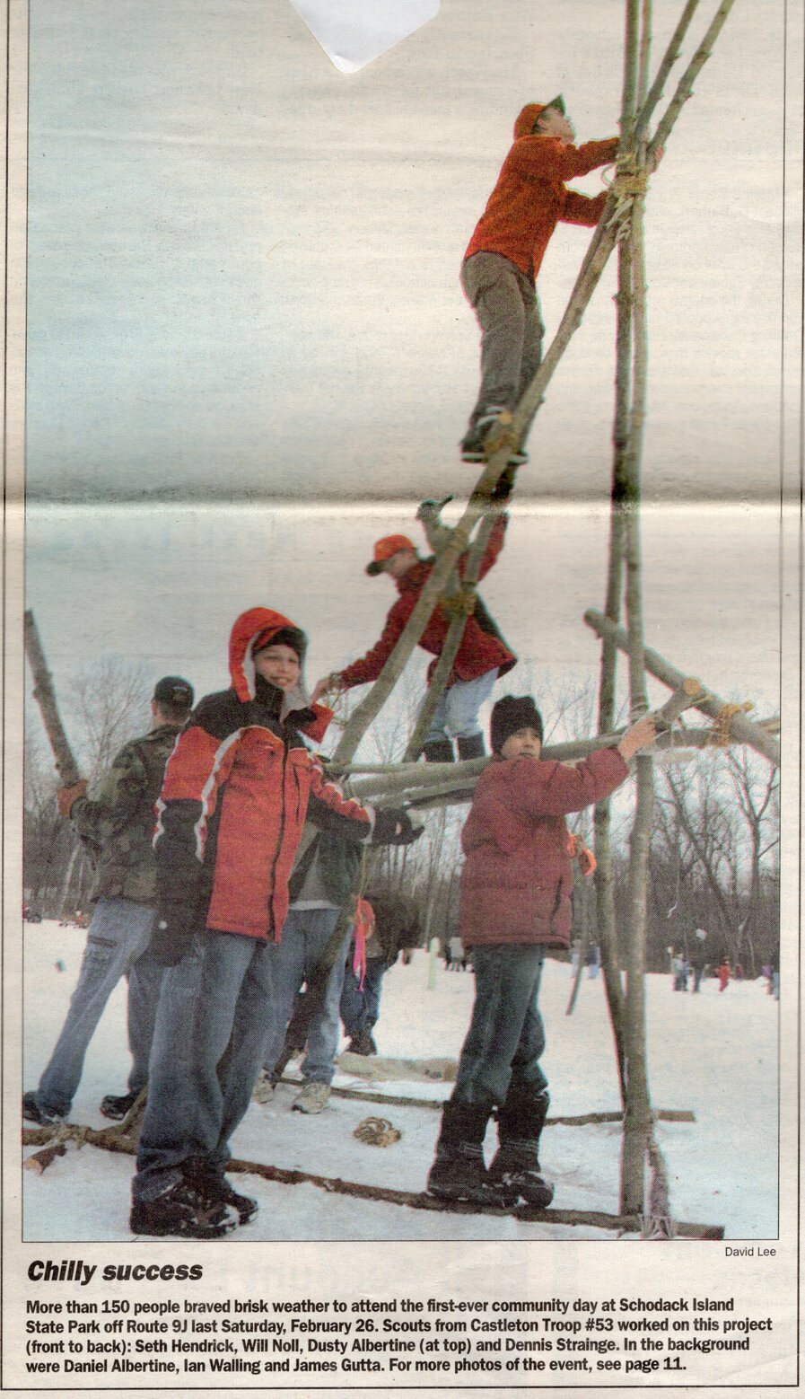 More than 150 people braved brisk weather to attend the first-ever community day at Schodack Island State Park oof Route 9J last Saturday, February 26.  Scouts from Castleton Troop #53 worked on this project (front to back): Seth Hendrick, Will Noll, Dusty Albertine (at top) and Dennis Strainge.  In the background were Daniel Albertine, Ian Walling, and James Gutta.
