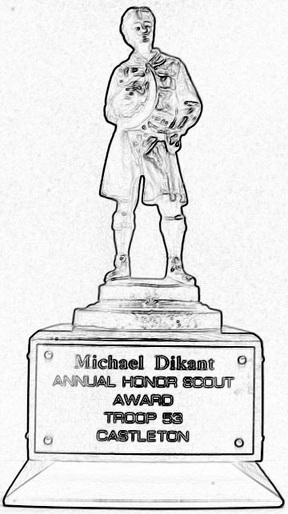 Image of a scout standing on a trophy base.  The text says 